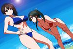  beach bent_over bikini blue_bikini breasts brown_hair cleavage day dutch_angle hand_on_hip hands_on_own_knees kaga_(kantai_collection) kantai_collection large_breasts long_hair looking_at_breasts medium_breasts multiple_girls navel outdoors red_bikini ruuto_(sorufu) side_ponytail sketch swimsuit twintails yellow_eyes zuikaku_(kantai_collection) 