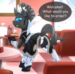  2017 blue_eyes changeling clothing dialogue english_text female legwear looking_at_viewer looking_back maid_uniform maid_uniforn my_little_pony panties solo stockings text tray underwear uniform vavacung wings 