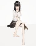  bare_legs barefoot black_hair brown_eyes commentary_request feet full_body highres holding holding_shoes legs long_hair looking_at_viewer necktie original school_uniform shirt shoes shoes_removed short_sleeves sitting soles solo toes vient white_shirt 