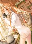  ass asuna_(sao) basket blonde_hair blush bottle braid brown_eyes collared_shirt commentary_request cooking cowboy_shot dress_shirt dutch_angle from_behind hair_between_eyes half_updo holding indoors kitchen ladle long_hair long_sleeves looking_at_viewer looking_back no_pants open_mouth panties pierorabu pot see-through shelf shirt smile solo steam sword_art_online thighs underwear white_panties window 
