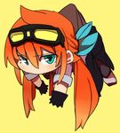  amano_tora aqua_eyes chibi clothes_around_waist eyebrows_visible_through_hair gloves goggles goggles_on_head hair_between_eyes jacket_around_waist kazenoko long_hair looking_at_viewer necktie orange_hair original red_neckwear simple_background solo 