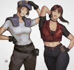  2girls belt black_gloves black_shirt blue_eyes claire_redfield closed_eyes crop_top cropped_shirt cropped_vest denim ericson_blum fingerless_gloves gloves hand_on_own_hip hat highres jacket jeans jill_valentine midriff multiple_girls pants police ponytail red_jacket resident_evil resident_evil_-_code:_veronica resident_evil_1 resident_evil_2 shirt short_hair smile toned vest 