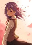  blush breasts cherry_blossoms commentary_request fate/stay_night fate_(series) hair_ribbon homurahara_academy_uniform kinta_(distortion) long_hair matou_sakura petals profile purple_eyes ribbon school_uniform skirt small_breasts smile solo wind 
