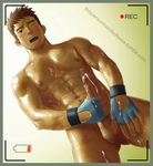  1boy abs camera cum diediedie erection gloves male_focus muscle orgasm penis penis_grab recording solo sweat testicles wince 