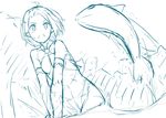  blue fish halter_top halterneck kinta_(distortion) monochrome o-ring o-ring_top open_mouth original outdoors pointy_ears short_hair sketch solo 