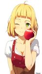 ;) ahoge apple bangs blonde_hair blouse blunt_bangs blush breasts closed_mouth commentary_request corset food fruit green_eyes holding holding_food holding_fruit kinta_(distortion) looking_at_viewer medium_breasts one_eye_closed original short_hair simple_background smile solo twitter_username white_background white_blouse 