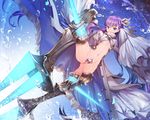  ass_visible_through_thighs blue_eyes breasts cape cloak crotch_plate dutch_angle fate/extra fate/extra_ccc fate/grand_order fate_(series) glint glowing greaves hair_ribbon light_trail long_hair long_sleeves looking_at_viewer maebari meltlilith navel purple_hair ribbon sleeves_past_wrists small_breasts solo spikes spread_legs teddy_(khanshin) thighs turtleneck very_long_hair water water_drop wide_sleeves 