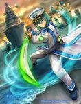  back blue_storm_soldier_rascal_sweeper cardfight!!_vanguard cloud cloudy_sky company_name faceless faceless_male full_body green_eyes green_hair hat long_hair male_focus matsushima_kazuo military military_hat military_uniform official_art ship sky solo_focus sword uniform water watercraft weapon 
