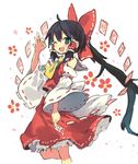  ascot black_hair bow commentary_request detached_sleeves green_eyes hair_bow hair_tubes hakurei_reimu long_hair looking_at_viewer morino_hon ofuda one_eye_closed open_mouth red_bow red_skirt ribbon-trimmed_sleeves ribbon_trim simple_background sketch skirt skirt_set smile solo touhou very_long_hair vest white_background wide_sleeves 