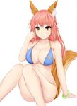  absurdres animal_ears bikini blue_bikini breasts cleavage collarbone fate/grand_order fate_(series) fox_ears fox_tail hand_in_hair highres large_breasts long_hair looking_at_viewer navel pink_hair simple_background solo swimsuit tail tamamo_(fate)_(all) tamamo_no_mae_(fate) tamamo_no_mae_(swimsuit_lancer)_(fate) white_background yellow_eyes yuyusuika 