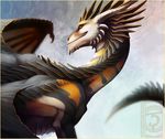  2013 digital_media_(artwork) dragon feral horn membranous_wings scalie shinerai smile solo western_dragon wings yellow_eyes 