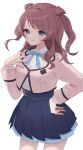  1girl absurdres blazer blue_eyes blue_overskirt blue_ribbon blue_skirt blush brown_hair commentary_request cropped_jacket double_bun gakuen_idolmaster hair_bun hanami_saki hatsuboshi_gakuen_school_uniform highres idolmaster jacket long_hair long_sleeves looking_at_viewer neck_ribbon partial_commentary pleated_skirt ribbon school_uniform shihone_(xuz_op) shirt simple_background skirt smile solo two_side_up white_background white_shirt 