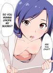  1girl bangs blue_hair breasts brown_eyes collarbone daijoubu?_oppai_momu? downblouse extended_downblouse from_above hard_translated highres idolmaster jabara_tornado kisaragi_chihaya long_hair long_sleeves looking_at_viewer navel nipples no_bra open_mouth panties pulled_by_self shiny shiny_hair shiny_skin shirt shirt_pull simple_background small_breasts solo speech_bubble stomach swept_bangs talking translated underwear white_background white_panties white_shirt 