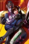  acronym animal_print arm_tattoo ass bangs bodysuit breasts brown_eyes brown_hair bunny_print cleavage clothes_writing crate d.va_(overwatch) facepaint facial_mark g21mm gloves gun head_mounted_display headphones high_collar highres hug lips long_hair looking_at_viewer medium_breasts multiple_girls on_ground overwatch parted_lips pilot_suit pink_bodysuit pink_lips ponytail purple_hair purple_skin ribbed_bodysuit rifle shoulder_pads sitting skin_tight smile swept_bangs tattoo visor weapon whisker_markings white_gloves widowmaker_(overwatch) yellow_eyes yuri 