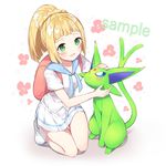  alternate_color backpack bag blonde_hair blush chitetan espeon gen_2_pokemon green_eyes kneeling lillie_(pokemon) long_hair open_mouth petting pokemon pokemon_(creature) pokemon_(game) pokemon_sm ponytail sample shiny_pokemon short_sleeves skirt white_skirt 