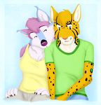  anthro blue_background blue_fur breasts canine claws clothed clothing cute duo feline female fully_clothed fur hair hair_tuft hybrid jeans male mammal marjani marjani_(character) nails ocelot pants pink_nose purple_fur purple_hair purple_nose shirt simple_background sitting smile spots stripes uri white_fur wolf wolfcat yellow_fur 