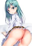  aqua_eyes aqua_hair ass cum cum_on_pussy from_behind hair_ornament hairclip henet_hene kantai_collection long_hair long_sleeves looking_at_viewer looking_back open_mouth shirt skirt skirt_lift solo suzuya_(kantai_collection) thighs uncensored 