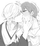  blush closed_eyes couple french_kiss full-face_blush greyscale hand_on_another's_face heavy_breathing ichigo_hitofuri japanese_clothes kiss male_focus monochrome multiple_boys sweat tayashigu_(suisyounohosizora) tongue touken_ranbu tsurumaru_kuninaga yaoi 