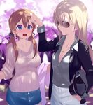  alternate_costume bismarck_(kantai_collection) blonde_hair blue_eyes blush breasts casual cleavage contemporary glasses kantai_collection kusaka_souji medium_breasts multiple_girls open_mouth prinz_eugen_(kantai_collection) ribbed_sweater smile sunglasses sweater twintails yuri 