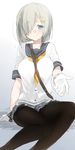  blue_eyes breasts closed_mouth commentary_request eyebrows_visible_through_hair gloves hair_ornament hair_over_one_eye hairclip hamakaze_(kantai_collection) kantai_collection large_breasts looking_at_viewer miniskirt pantyhose reaching_out school_uniform serafuku short_hair short_sleeves silver_hair sino_(sionori) sitting skirt sleeve_cuffs smile solo uniform 