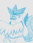  2017 articuno avian beak bird clothed clothing cyan_feathers duck_hunt_dog_(artist) fan_character feathers legendary_pok&eacute;mon looking_at_viewer male monochrome nintendo pok&eacute;mon shirt simple_background solo tank_top traditional_media_(artwork) video_games white_background 