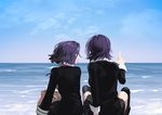  arm_behind_back black_legwear blue_sky commentary_request day facing_away from_behind horizon kantai_collection legs_together long_sleeves mayumio88 multiple_girls ocean outdoors pointing purple_hair short_hair sitting skirt sky spread_legs tatsuta_(kantai_collection) tenryuu_(kantai_collection) thighhighs water wind 