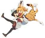  alternate_legwear animal_ears backpack bad_id bad_pixiv_id bag banned_artist black_hair blonde_hair blue_eyes breasts commentary feathers hat jandy kaban_(kemono_friends) kemono_friends medium_breasts multiple_girls serval_(kemono_friends) serval_ears serval_print serval_tail shorts skirt tail thighhighs yellow_eyes 