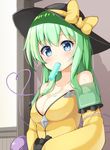  bangs bare_shoulders black_hat blue_eyes blush bow breasts cleavage collarbone eyeball food food_in_mouth frilled_sleeves frills green_hair hat hat_bow heart heart_of_string komeiji_koishi long_hair long_sleeves looking_at_viewer medium_breasts mouth_hold off_shoulder ominaeshi_(takenoko) popsicle shirt sidelocks solo third_eye touhou upper_body yellow_bow yellow_shirt 