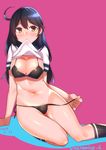  2015 bad_id bad_pixiv_id bikini bikini_under_clothes black_bikini black_hair black_legwear breasts brown_hair cleavage closed_mouth commentary_request dated eyebrows_visible_through_hair hair_between_eyes kantai_collection kyuuso_inukami lifted_by_self long_hair looking_at_viewer medium_breasts mouth_hold navel no_pants shiny shiny_skin shirt_lift side-tie_bikini sitting socks solo swimsuit swimsuit_under_clothes twitter_username untied untied_bikini ushio_(kantai_collection) yokozuwari 