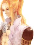  1boy abs akizuki_hakuto basil_hawkins black_gloves blonde_hair card coat commentary_request gloves holding holding_card looking_ahead male_focus one_piece open_clothes open_coat parted_lips ponytail sidelocks simple_background solo upper_body white_background 