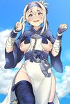  :d ainu ainu_clothes anchor areolae arm_warmers arm_wrap bandaged_arm bandages bandana bangs between_breasts blonde_hair blue_bow blue_eyes blue_hairband blue_legwear blue_sky boots bow breasts breasts_apart chain clenched_hand cloud cloudy_sky cowboy_shot cropped_jacket day dress eyebrows_visible_through_hair fingernails folded_ponytail fundoshi groin hair_between_eyes hairband hands_up headband highres japanese_clothes kamoi_(kantai_collection) kantai_collection leg_wrap long_hair long_sleeves looking_at_viewer medium_breasts nail_polish nipples okamen open_mouth outdoors pelvic_curtain pink_nails puffy_nipples round_teeth short_sleeves sidelocks sky sleeveless sleeveless_dress smile solo standing teeth thick_eyebrows thigh_boots thigh_bow thighhighs upper_teeth v white_hair wrist_guards 