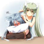  1girl afterimage animal_ears blue_dress blue_hair blue_nails blush cleaning closed_eyes dark_skin dress ear_cleaning ear_clip ear_grab ear_wiggle eargasm egyptian eyebrows_visible_through_hair flying_sweatdrops fox_boy fox_ears frey_(rune_factory) green_hair hair_between_eyes hair_ribbon head_tilt jewelry leon_(rune_factory) long_hair long_sleeves looking_at_another motion_lines nail_polish niduca_(hio_touge) nose_blush parted_lips pillow pillow_hug ribbon ring rune_factory rune_factory_4 sketch sleeveless sleeveless_dress tears trembling twintails very_long_hair wedding_band white_ribbon 