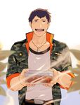  blurry brown_hair camouflage collarbone container cowboy_shot curry depth_of_field dog_tags food holding idolmaster idolmaster_side-m incense jacket looking_at_viewer male_focus open_clothes open_jacket purple_eyes shingen_seiji solo t_k_g 
