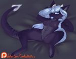  2017 aleira anthro bed black_skin blue_eyes blue_hair blue_tongue breasts cannibalistic_tendencies claws digital_media_(artwork) dragon female forked_tongue front_view grey_scales grey_skin hair hair_over_eye horn looking_at_viewer lying nipple_piercing nipples nude on_back on_bed one_eye_closed patreon piercing presenting presenting_pussy pussy raised_arm scales scalie signature slit_pupils small_breasts solo spread_legs spreading tongue tongue_out url wingless_dragon 