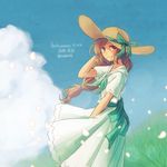  2014 artist_name blush brown_eyes brown_hair closed_mouth cloud day dress from_side grass green_dress harvest_moon harvest_moon:_connect_to_a_new_land hat long_hair low-tied_long_hair minori_(harvest_moon) niduca_(hio_touge) number outdoors petals short_sleeves sketch sky smile solo standing sun_hat twitter_username very_long_hair wind 