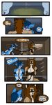 absurd_res anthro anus blue_body blue_fur blue_hair blush blush_lines bodily_fluids bottomwear brown_eyes brown_hair canid canine canis clothing cobalt_(tatsuchan18) collar collar_ring comic cuffs_(clothing) duo elevator embarrassed english_text fox fur genital_fluids green_eyes hair hand_over_crotch head_on_shoulder hi_res holding_head hybrid leash leash_pull male mammal metal_collar pants pee_on_floor slave spade_(tatsuchan18) speech_bubble tatsuchan18 text urine urine_pool watersports wolf