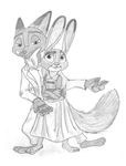  anthro canine clothed clothing disney drawning dress duo female fox judy_hopps lagomorph looking_at_viewer male mammal nick_wilde open_mouth rabbit simple_background size_difference smile white_background zootopia 
