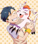  blue_hair blush claws closed_eyes digimon digimon_adventure fangs glasses gomamon grin hug kido_jou male_focus orange_background patterned_background short_sleeves smile sweater_vest t_k_g upper_body wristband 