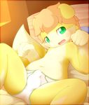  balls_outline briefs brown_hair bule bulge canine clothing fox fuku_(pixiv) fur green_eyes hair lying male mammal navel on_back open_mouth penis_outline solo sweat underwear yellow_fur 