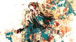  abstract abstract_background alternate_hair_color bangs closed_eyes collared_shirt hatsune_miku headphones jacket long_hair long_sleeves meola miniskirt necktie open_clothes open_jacket orange_hair paint_splatter pleated_skirt shirt skirt solo twintails upper_body very_long_hair vocaloid wing_collar 