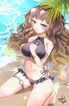  1girl anya_melfissa barefoot beach bikini black_bikini breasts brown_hair dutch_angle embarrassed frilled_bikini frills from_above heart heart-shaped_eyewear highres hololive hololive_indonesia large_breasts long_hair midriff navel ocean on_floor palm_tree purple_eyes sideboob solo swimsuit todalbok106 tree very_long_hair wavy_hair 