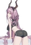  1girl arknights ass black_horns black_shorts black_sports_bra breasts from_behind hairband highres horn_hairband horns large_breasts leaning long_hair object panties_visible_through_clothes purple_hair red_eyes shorts siguya sports_bra twintails typhon_(arknights) very_long_hair 