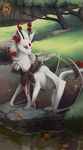  2016 claws detailed_background digital_media_(artwork) dragon feral grass hair horn membranous_wings shinerai sitting solo tree water white_hair wings 