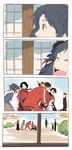  blue_eyes blurry comic depth_of_field half_updo highres horikawa_kunihiro izumi-no-kami_kanesada japanese_clothes laughing male_focus mole mole_under_eye multicolored_hair multiple_boys mutsu-no-kami_yoshiyuki nagasone_kotetsu ponytail red_scarf scarf silent_comic stirrup_legwear sweatdrop t_k_g toeless_legwear touken_ranbu white_scarf yamato-no-kami_yasusada 