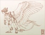  2014 anthro barefoot clothed clothing curved_horn digitigrade feathered_wings feathers horn ridged_horn shinerai sketch solo traditional_media_(artwork) wings 