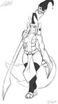  armor belt big_breasts black_and_white black_sclera breasts clothing digimon facial_markings female headwear jeffthehusky leggings legwear long_tail markings monochrome paintbrush pauldron robes smile taomon thick_thighs voluptuous wide_hips 