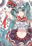  absurdres arm_up bless_you_(module) flower green_eyes green_hair hair_flower hair_ornament hatsune_miku highres juzi_pi long_hair midriff navel nisoku_hokou_(vocaloid) project_diva_(series) project_diva_f_2nd skirt solo twintails very_long_hair vocaloid 