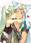  1girl animal_ears arm_around_waist blue_eyes blue_hair blue_nails bridal_gauntlets cheek_kiss closed_eyes closed_mouth couple dark_skin ear_clip egyptian egyptian_clothes fox_boy fox_ears frey_(rune_factory) gloves gold_trim green_hair hair_ribbon heart hetero hug kiss leaning_forward leon_(rune_factory) long_hair nail_polish niduca_(hio_touge) one_eye_closed profile ribbon rune_factory rune_factory_4 twintails very_long_hair white_gloves white_ribbon 