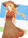  1girl arm_behind_back blonde_hair blue_eyes braid brown_dress collared_shirt dress eighth_note eyebrows_visible_through_hair floating_hair ford_(story_of_seasons:_trio_of_towns) glasses harvest_moon hat head_tilt holding_plant long_hair looking_at_viewer musical_note nanami_(story_of_seasons:_trio_of_towns) niduca_(hio_touge) partially_colored pinafore_dress plaid plaid_shirt round_eyewear shirt silhouette spoken_musical_note standing story_of_seasons:_trio_of_towns sun_hat suspenders thought_bubble twin_braids very_long_hair wing_collar 