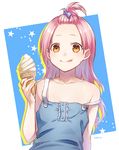 :p artist_name bangs_pinned_back bare_shoulders blue_shirt blush bow brown_eyes closed_mouth food forehead hair_bow holding holding_food ice_cream ice_cream_cone long_hair niduca_(hio_touge) original pink_hair purple_bow shirt silhouette sleeveless sleeveless_shirt smile soft_serve solo star strap_slip sweat tongue tongue_out topknot upper_body 